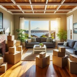 Packed moving boxes stacked inside a Tacoma home with a for-sale sign outside