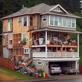 Older Tacoma home with an unfinished deck and visible exterior alterations