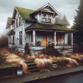Vacant house in Tacoma with boarded-up windows and overgrown grass