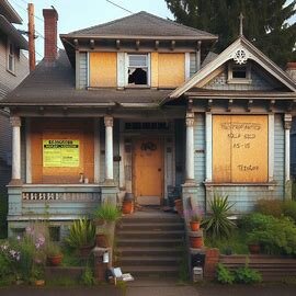 Tacoma WA property with visible neglect and unpaid property tax notice on the front door