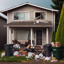 Rental home in Everett with a broken window and trash scattered on the lawn