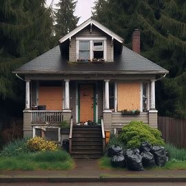 Vacant Everett rental with boarded windows and trash in the front yard