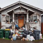 Run-down Everett WA rental property with multiple trash bins and peeling paint
