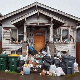 Run-down Everett WA rental property with multiple trash bins and peeling paint