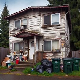 An Everett rental property with peeling paint and overflowing trash bins out front