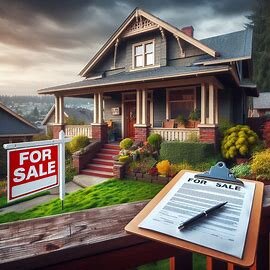 Everett house with a For Sale sign and legal documents on a clipboard in the foreground