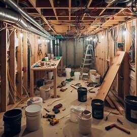 Unfinished Everett basement with exposed wiring and plumbing, showing signs of unpermitted construction