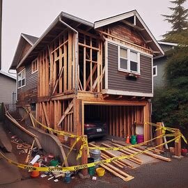 Everett house with an unfinished garage addition and exposed framing