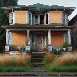 Abandoned Everett house with boarded-up windows and an overgrown yard