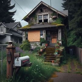 Vacant Everett house with boarded windows, overgrown lawn, and mail piling up