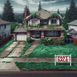 Vacant house in Tacoma with uncut grass and empty driveway