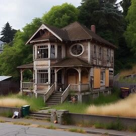 Empty and overgrown home in Everett WA with boarded windows and no signs of activity