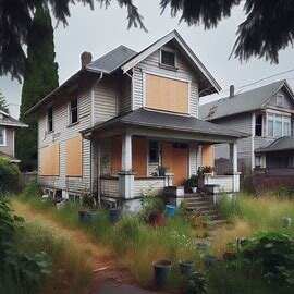 Boarded-up vacant house in Everett with overgrown lawn