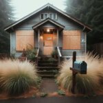 Vacant Everett house with boarded windows and a neglected front yard