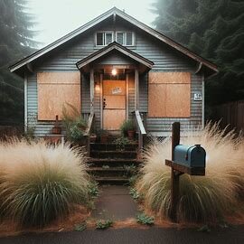 Vacant Everett house with boarded windows and a neglected front yard