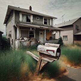 Empty and overgrown house in Everett, WA with a weathered mailbox and peeling paint