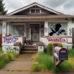 Vacant house in Washington with broken windows and tall weeds in the front yard