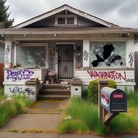 Vacant house in Washington with broken windows and tall weeds in the front yard