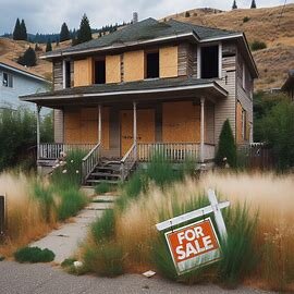 Empty Wenatchee house with “For Sale” sign and overgrown yard