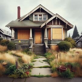 Vacant inherited Everett home with boarded windows, overgrown lawn, and neglected exterior