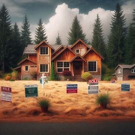 Typical Washington state house with evergreen trees and overcast skies