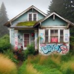 Washington house with boarded windows, peeling paint, and city violation notice on the front door