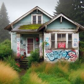Washington house with boarded windows, peeling paint, and city violation notice on the front door