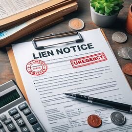 Washington property paperwork showing lien notice, tax documents, and a red warning stamp