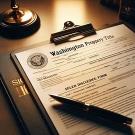 Legal documents and a Washington State property title form on a wooden desk