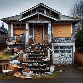 Abandoned Washington house with boarded windows and signs of squatter occupation