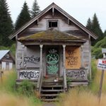 Vacant Washington home with broken windows and no trespassing signs posted