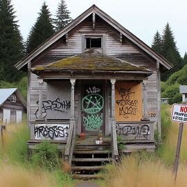 Vacant Washington home with broken windows and no trespassing signs posted