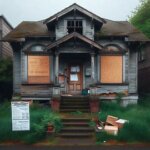 Vacant Washington home with boarded windows and a warning notice on the front door