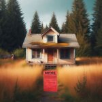 Washington home with overgrown grass and a government notice taped to the front door