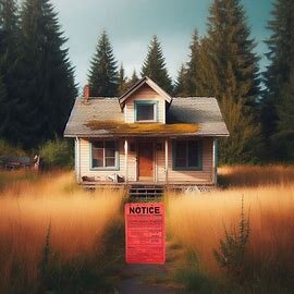 Washington home with overgrown grass and a government notice taped to the front door