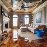 Living room in a Washington home with water-stained walls and warped wooden flooring