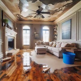 Living room in a Washington home with water-stained walls and warped wooden flooring