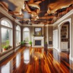 A Washington house with visible water stains on the ceiling and warped flooring