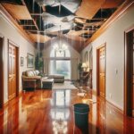 An Everett home with visible ceiling water stains and a waterlogged floor