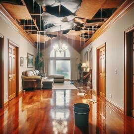 An Everett home with visible ceiling water stains and a waterlogged floor