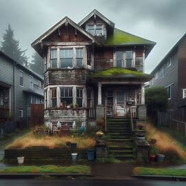 Older single-family home in South Tacoma WA with peeling paint and overgrown front yard