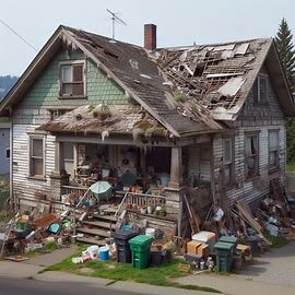 Wenatchee home with visible roof damage and cluttered yard, ready for an as-is sale