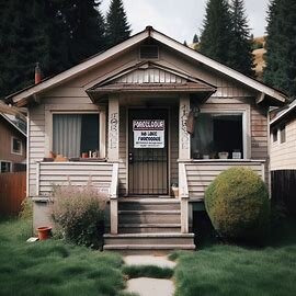 Wenatchee home with foreclosure notice taped to the front door and overgrown grass in the yard