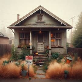 Wenatchee home with tall weeds, boarded windows, and a city violation notice on the door