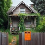 Wenatchee home with boarded windows, overgrown grass, and a warning notice on the front door