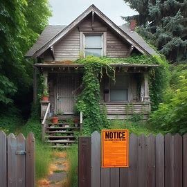 Wenatchee home with boarded windows, overgrown grass, and a warning notice on the front door