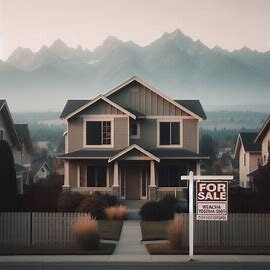 Wenatchee home with a for-sale sign and neutral tones, set against a cloudy sky with mountain backdrop