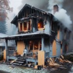 Wenatchee house with visible fire damage to the roof and siding, boarded windows and smoke stains