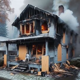 Wenatchee house with visible fire damage to the roof and siding, boarded windows and smoke stains