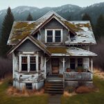 Worn-down Wenatchee home with visible exterior damage and overgrown yard, set against Cascade foothills